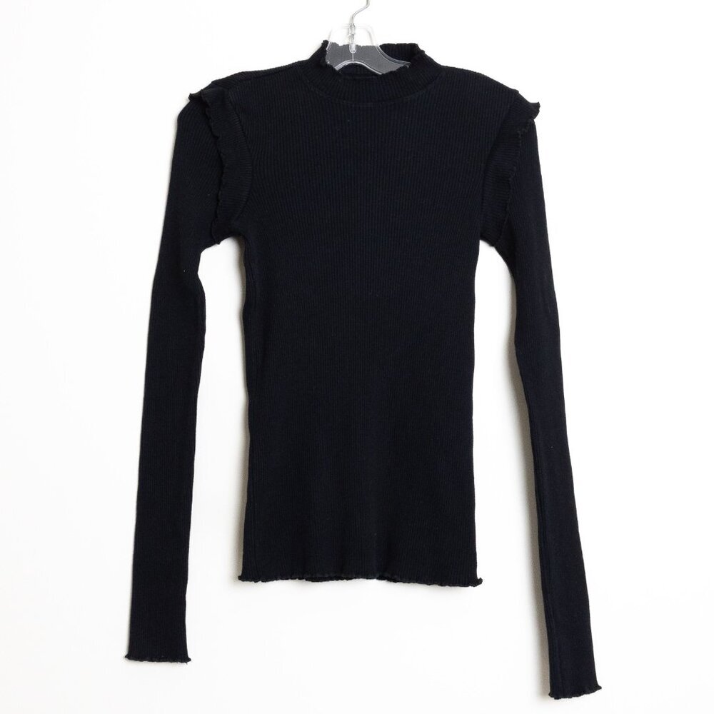 Current/Elliott The Ruffle Rib Top Black Ribbed Mock Neck Size 1 - Picture 2 of 11